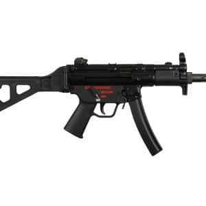 Side-view of a black AR-style rifle with collapsible stock, pistol grip, curved magazine, and front sight on a white background.