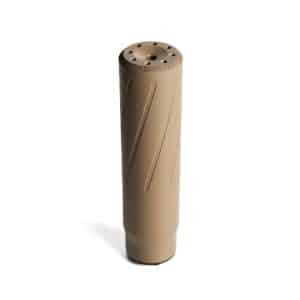 Tan cylindrical firearm suppressor with perforated muzzle end and diagonal grooves on the sides