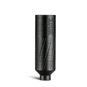 Black cylindrical firearm suppressor (silencer) on a white background, shown from the side with diagonal grooves in the metal surface.