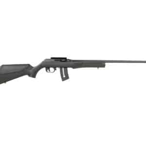 Black rifle with a long barrel and detachable box magazine against a white background.