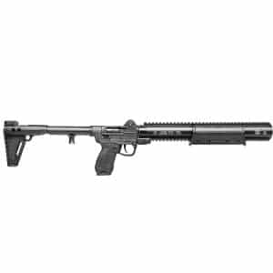 Black semi-automatic rifle shown horizontally against a white background, featuring a Picatinny rail and adjustable stock on the left and a long handguard on the right.