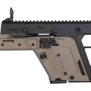 Side view of a KRISS Vector firearm with a long suppressor, tan lower receiver, black upper receiver, and skeleton stock.