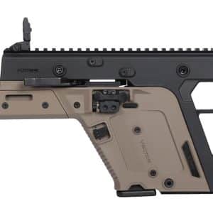 Semi-automatic firearm: black KRISS Vector with tan lower receiver, suppressor-style muzzle device, and folding stock shown in profile