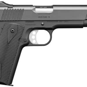 Side view of a black semi-automatic pistol with a textured grip and folding trigger guard, shown from the left side.