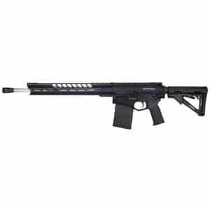 Black AR-style rifle with a long quad-rail handguard, detachable magazine, and adjustable stock.