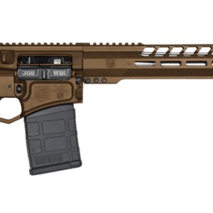 AR-style rifle with brown receiver, adjustable stock, black pistol grip, long handguard, and a 30-round magazine