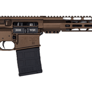 Desert-colored AR-style rifle with adjustable stock, pistol grip, and long handguard.