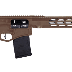 Tan AR-style rifle with adjustable stock, black grip, 30-round magazine, and long vented handguard.