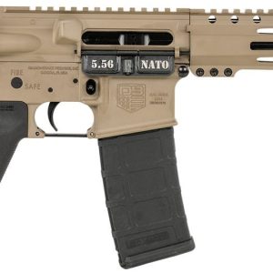 Tan AR-style rifle with a suppressor, tan handguard, and a detachable 30‑round magazine; marked 5.56 NATO.