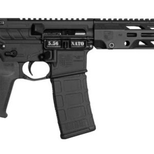 Black AR-style rifle with adjustable stock, pistol grip, and long handguard on a white background.