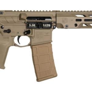 Tan AR-style rifle with collapsible stock, long rail handguard, 30-round magazine, and 5.56 NATO marking to indicate caliber.