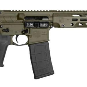 AR-15 style rifle in profile with a collapsible stock, black magazine, and olive-green handguard