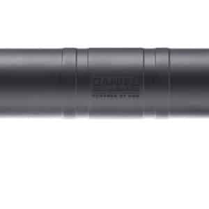 Long cylindrical firearm suppressor shown in profile, with mounting end on the left and vent holes near the right end.