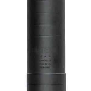 Black cylindrical device with a ribbed, modular body and flat ends, likely a firearm suppressor.