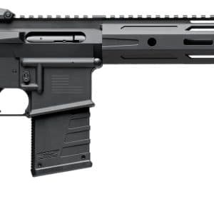Black modern assault rifle shown in profile with adjustable stock, quad rail handguard, and detachable magazine against a white background.