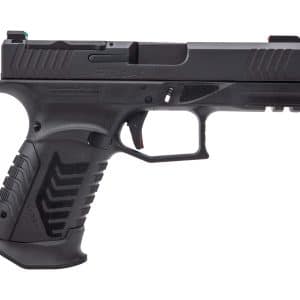 Side view of a black semi-automatic pistol with a textured grip and long slide viewed from the left.