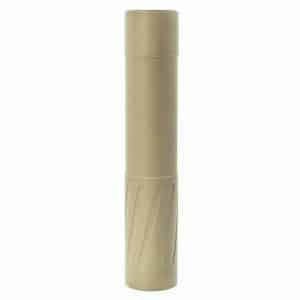 Tan cylindrical object with diagonal grooves at the base, standing upright on a white background.