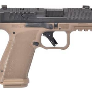 Side view of a two-tone semi-automatic pistol with a tan polymer frame and black slide, shown from the left side.