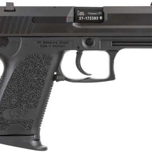 Left profile of a black HK USP semi-automatic pistol with textured grip and slide markings.