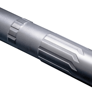 Cylindrical metallic device with a threaded end and knurled grip sections, resembling a suppressor or barrel component.