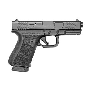 Side view of a black semi-automatic pistol with a textured grip and loaded magazine visible at the base of the grip