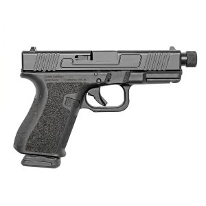 Black semi-automatic handgun shown in profile with textured grip and visible magazine on a white background, side view emphasizing the slide and trigger guard.