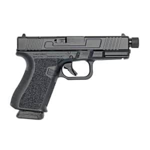 Black semi-automatic pistol with a textured grip and visible magazine, shown from the left side in a product photo Viewport