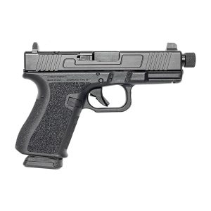 Side view of a black semi-automatic pistol with a textured grip and protruding magazine.