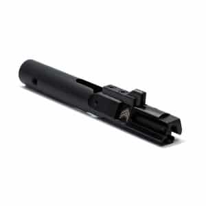 Black tactical firearm muzzle device with a mounting block and rail section, shown at an angle