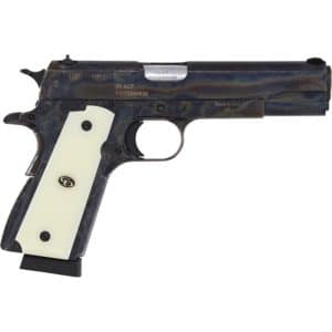 Semi-automatic handgun with a dark camouflage finish and ivory grips, shown from the side in a profile view
