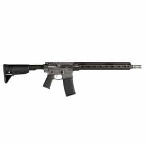 Modern semi-automatic rifle with a collapsible stock, black polymer magazine, and long handguard rail system