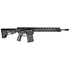 Black AR-style rifle with adjustable stock, pistol grip, and long handguard rail viewed from the side.