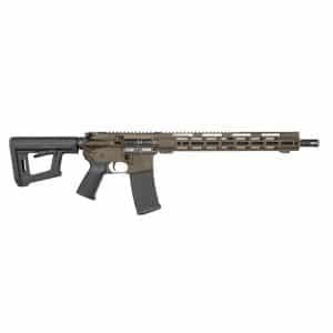 Tan and black AR-style rifle with collapsible stock and 30-round magazine on a white background