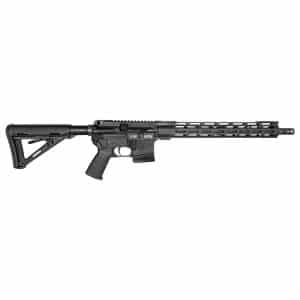 Black modern sporting rifle with collapsible stock and long three‑rail handguard viewed from the side.