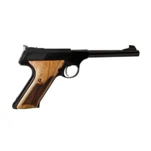 Semi-automatic handgun with a black metal frame and wooden grip, shown from the side.