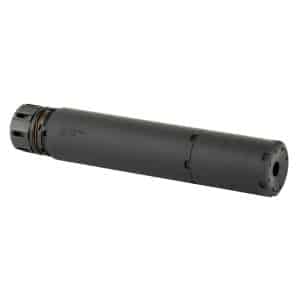 Gray cylindrical rifle suppressor with mounting threads at the left and a round muzzle at the right end.