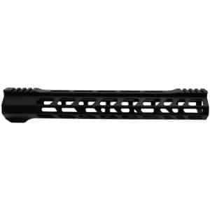 Black rifle handguard rail with M-LOK-style cutouts, shown in a horizontal profile.