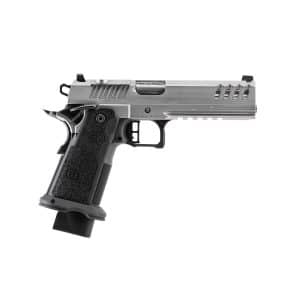 Side view of a silver semi-automatic pistol with a textured black grip.