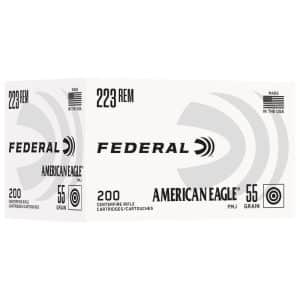 Two white boxes of Federal American Eagle .223 Remington rifle ammunition, 55 grain, 200 cartridges per box, side-by-side display.