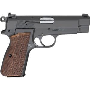Semi-automatic pistol shown in profile with dark gray finish and brown textured grip, side view with trigger guard visible on a white background.] ,