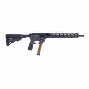 Side view of a black tactical rifle with adjustable stock and a long M-LOK handguard, and a translucent orange-magazine visible in the magazine well