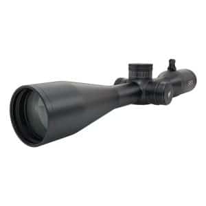 Black rifle scope with adjustable turrets and a large front lens for precision aiming.