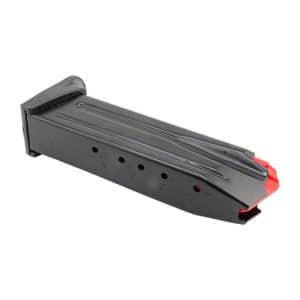 Pistol magazine with orange follower inside a dark metal body for a semi-automatic handgun.