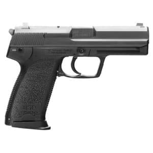 Black semi-automatic pistol shown in left-side profile, with textured grip and USP markings on the grip panel.