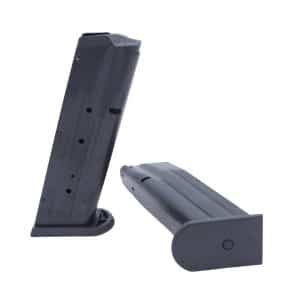 Two black handgun magazines shown against a white background, one standing in a base and the other lying flat to the side.