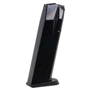 Black handgun magazine standing upright on a base plate, angled to the right.