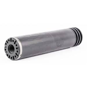 Dark gray cylindrical firearm suppressor with threaded ends on a white background.
