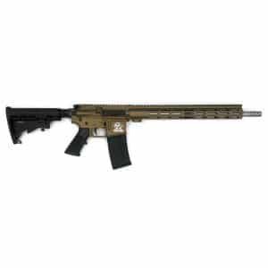 Semi-automatic rifle in profile with tan receiver, black stock, and long rail handguard, magazine inserted.