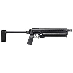 Modern tactical rifle shown in profile with collapsible stock, pistol grip, and long Picatinny-railed forearm for accessories
