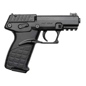 Black semi-automatic handgun shown from the side, featuring a textured grip and an under-barrel accessory rail.